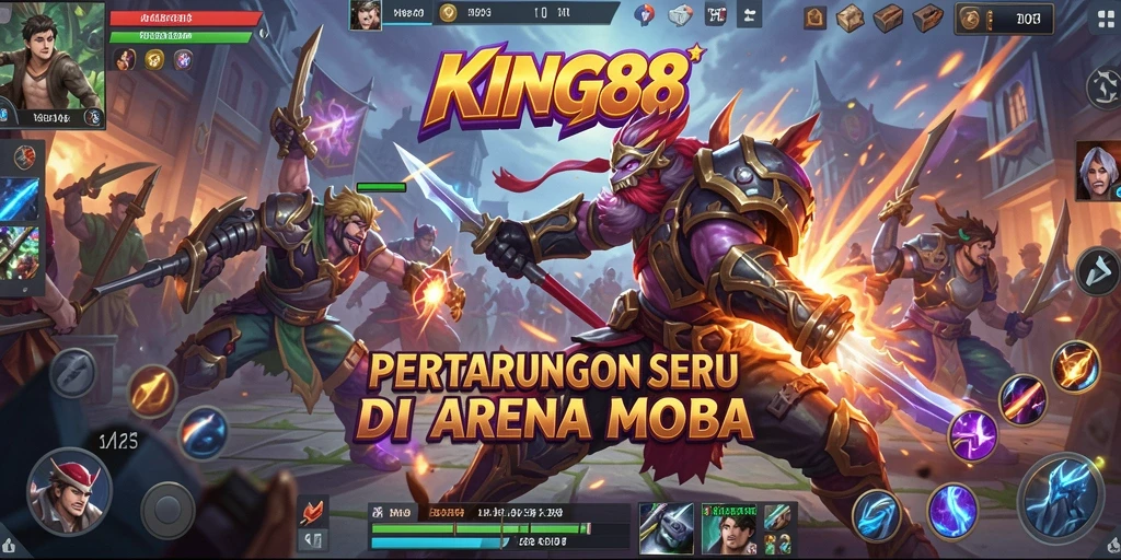 Screenshot menampilkan aksi intens gameplay KING88 di arena MOBA.
