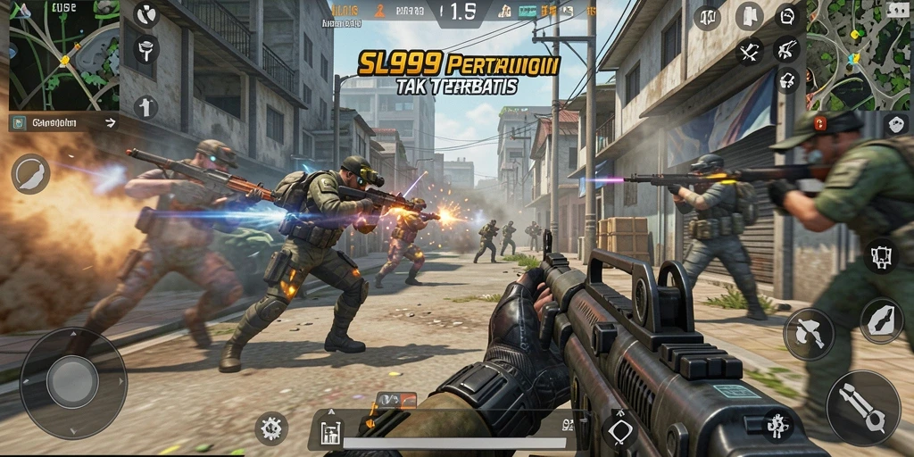 Screenshot dari gameplay SL999 menampilkan aksi tembak-menembak yang mendebarkan.